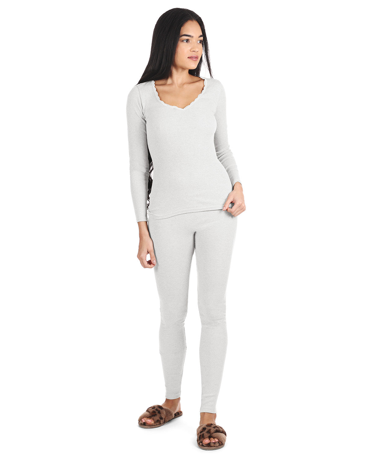 Women's Organic Cotton Seamless Rib Lace Long Sleeve Top : Color: White