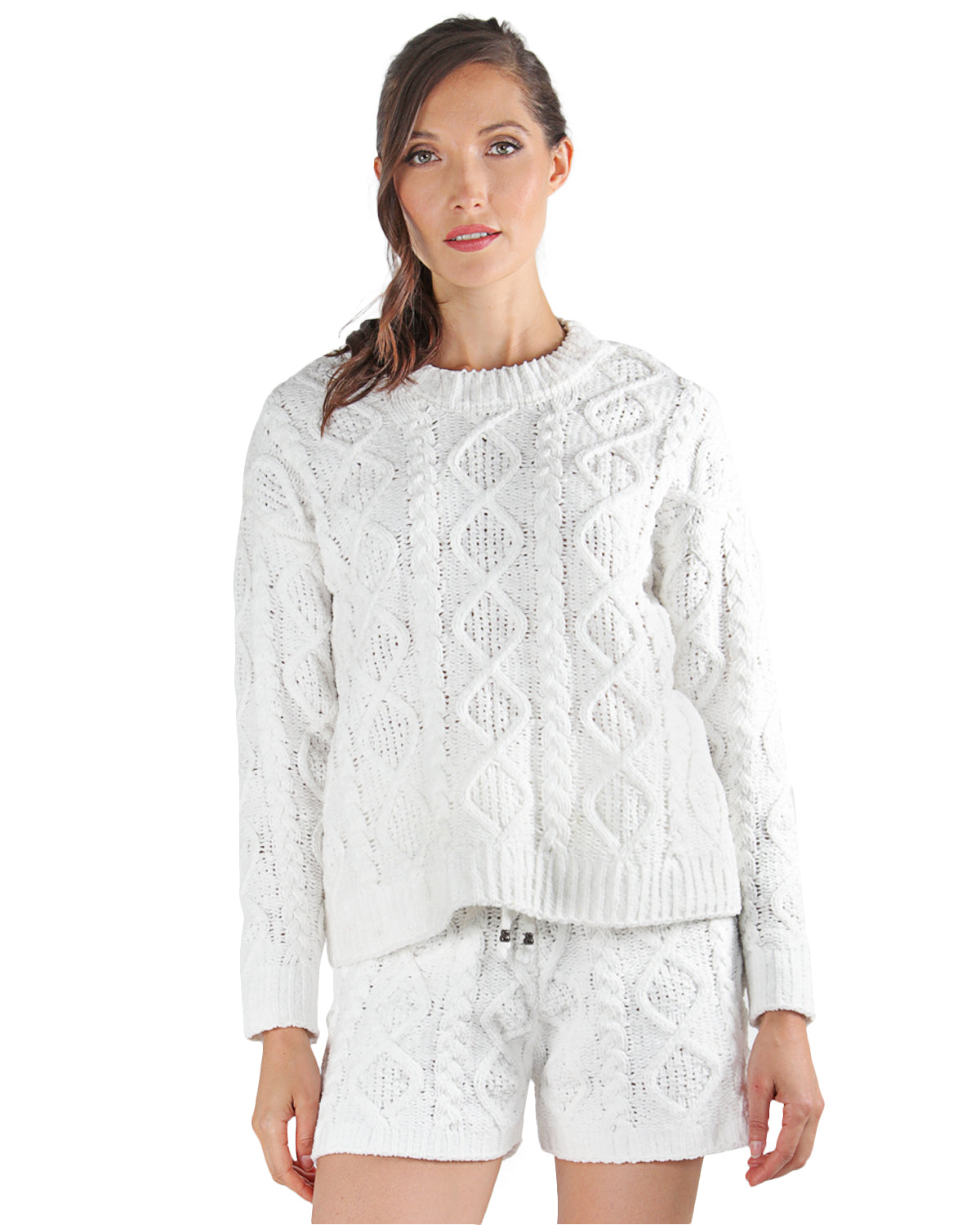 Women's Marshmallow Soft Cable Knit Drawstring Shorts : Color: White