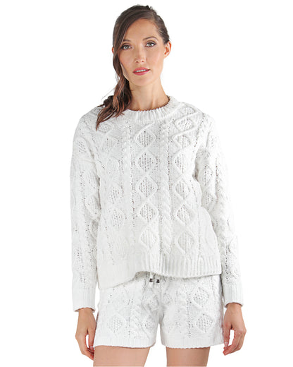 Women's Marshmallow Soft Cable Knit Drawstring Shorts : Color: White