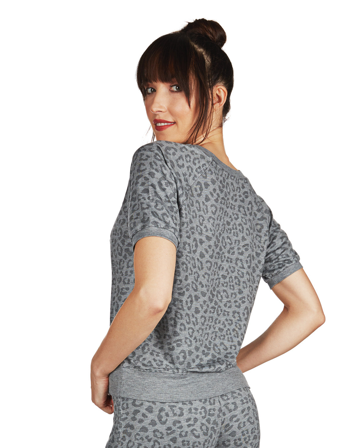 Women's Terry Lounge Leopard Print Short Sleeve Sweatshirt : Color: Gray Heather