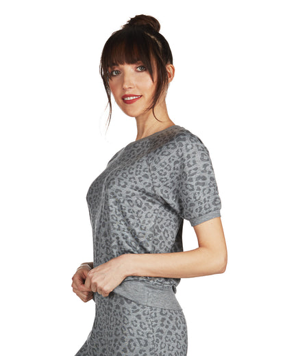 Women's Terry Lounge Leopard Print Short Sleeve Sweatshirt : Color: Gray Heather