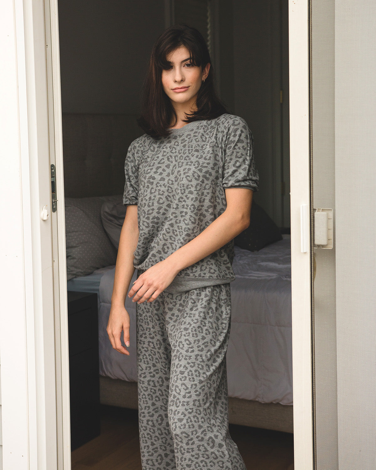 Women's Terry Lounge Leopard Print Short Sleeve Sweatshirt : Color: Gray Heather