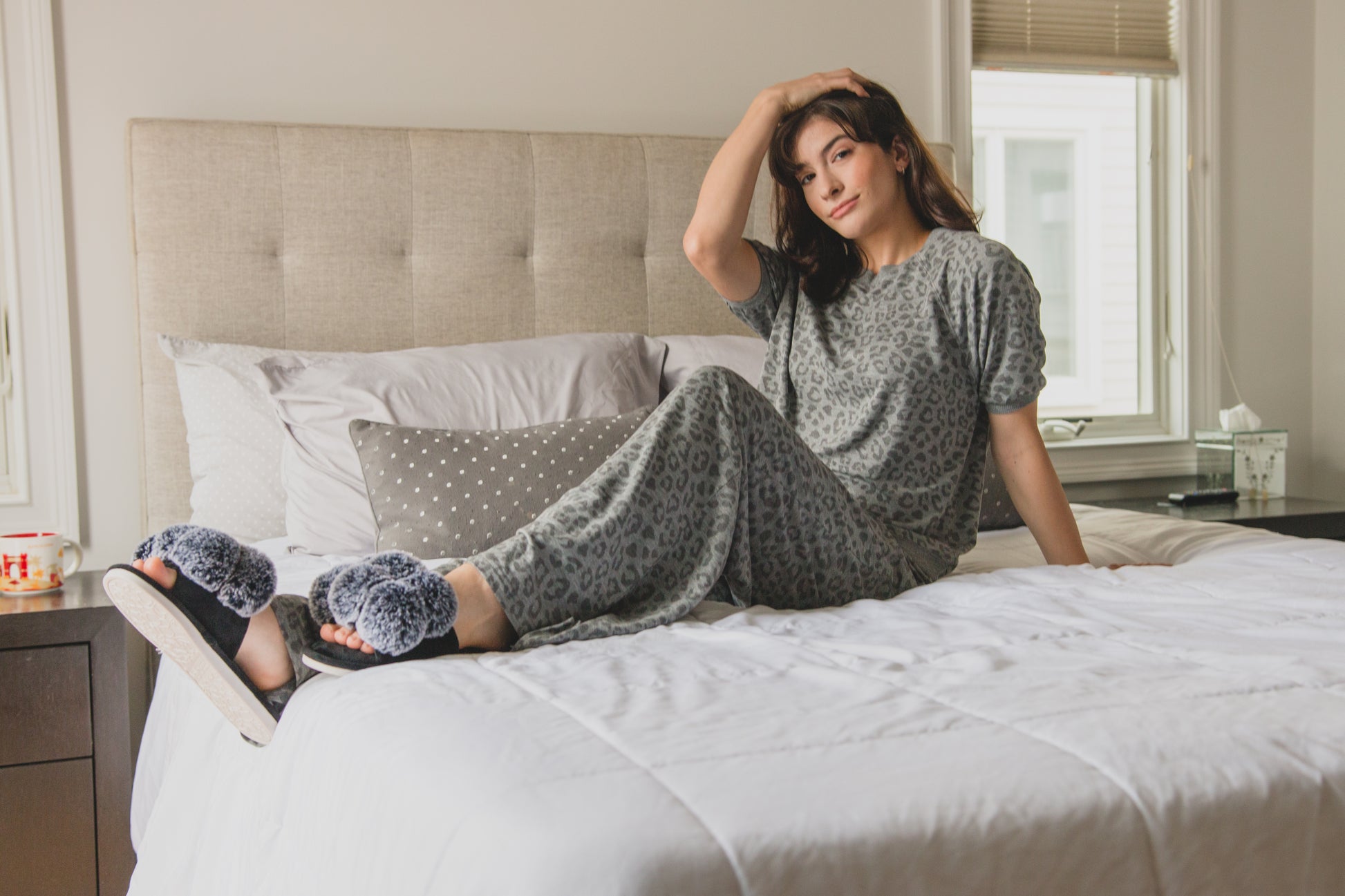 Women's Terry Lounge Leopard Print Short Sleeve Sweatshirt : Color: Gray Heather