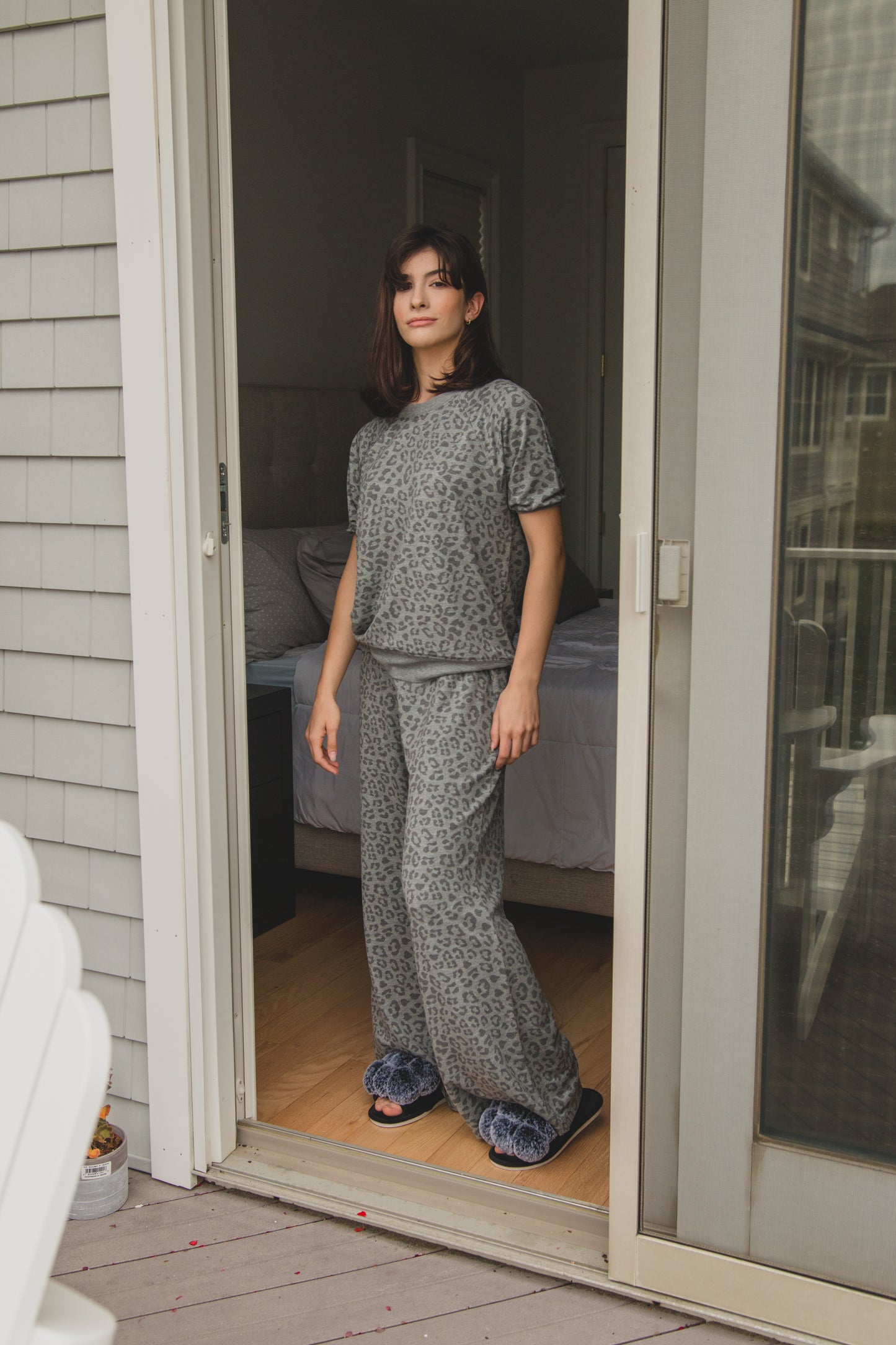 Women's Terry Lounge Leopard Print Short Sleeve Sweatshirt : Color: Gray Heather