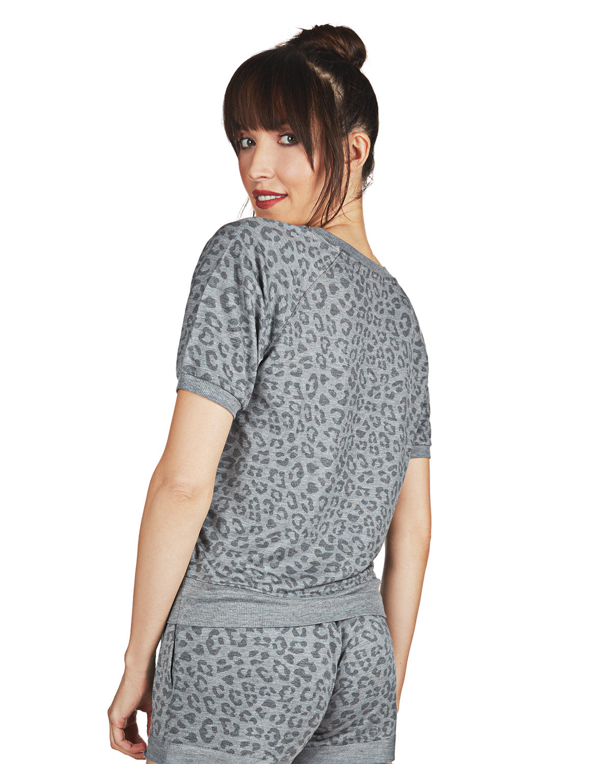 Women's Terry Lounge Leopard Print Short Sleeve Sweatshirt : Color: Gray Heather