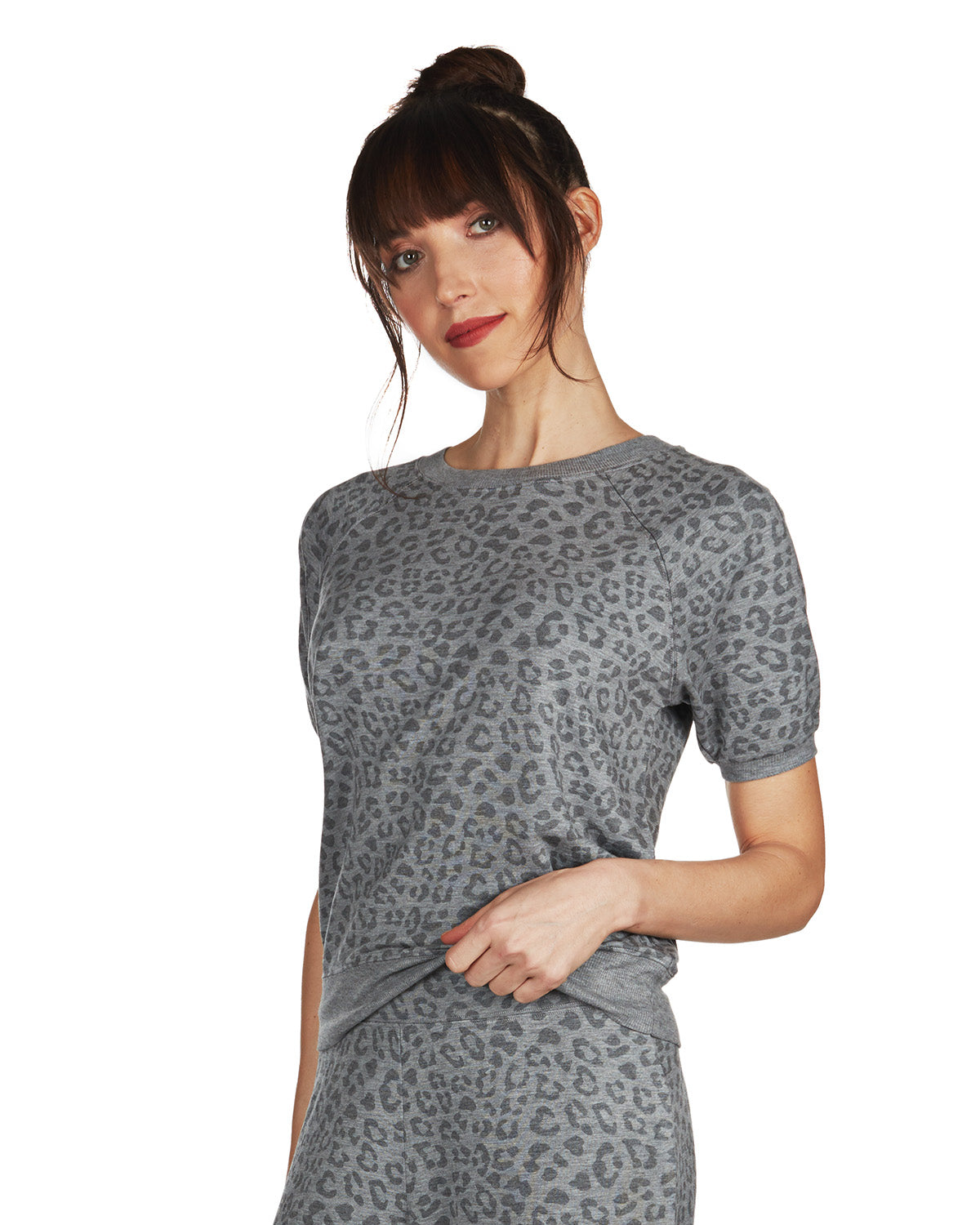 Women's Terry Lounge Leopard Print Short Sleeve Sweatshirt : Color: Gray Heather