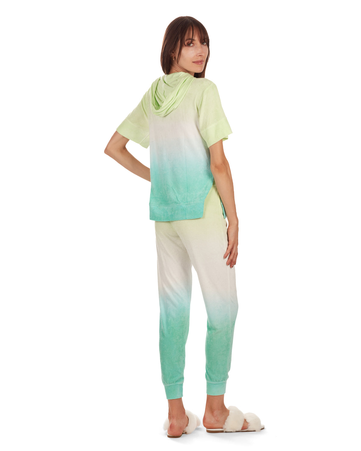 Women's Dip Dye Yummy Terry Cloth Short Sleeve Hoodie : Color: Aqua