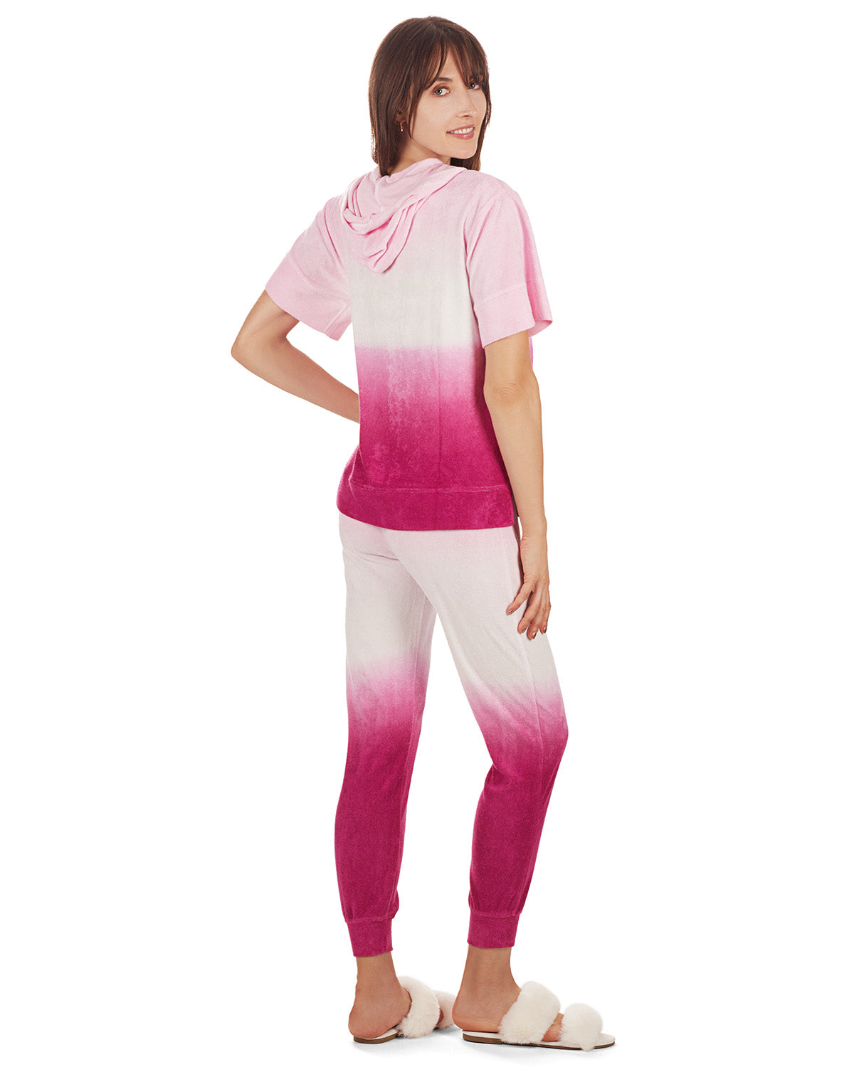 Women's Dip Dye Yummy Terry Cloth Short Sleeve Hoodie : Color: Fuchsia
