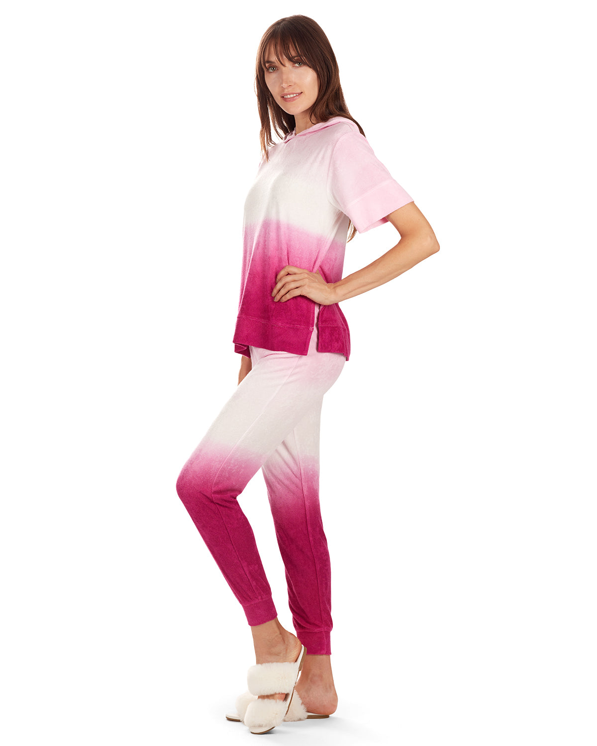Women's Dip Dye Yummy Terry Cloth Short Sleeve Hoodie : Color: Fuchsia
