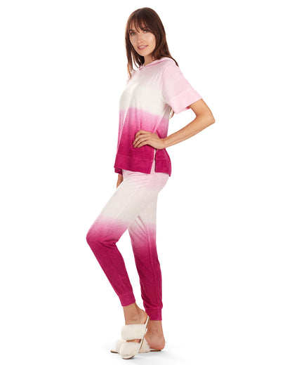 Women's Dip Dye Yummy Terry Cloth Short Sleeve Hoodie : Color: Fuchsia