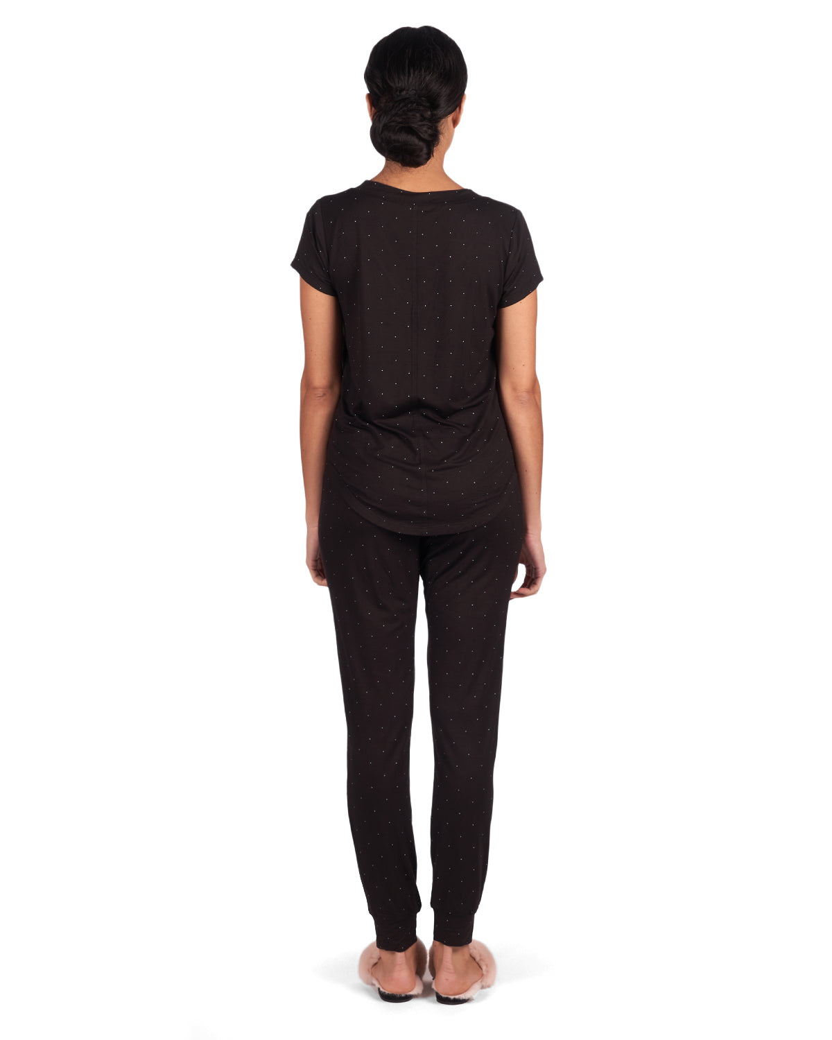 Women's Polka Dot Bamboo Blend Short Sleeve V-Neck Top : Color: Black