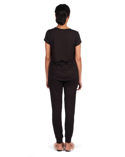 Women's Polka Dot Bamboo Blend Short Sleeve V-Neck Top : Color: Black