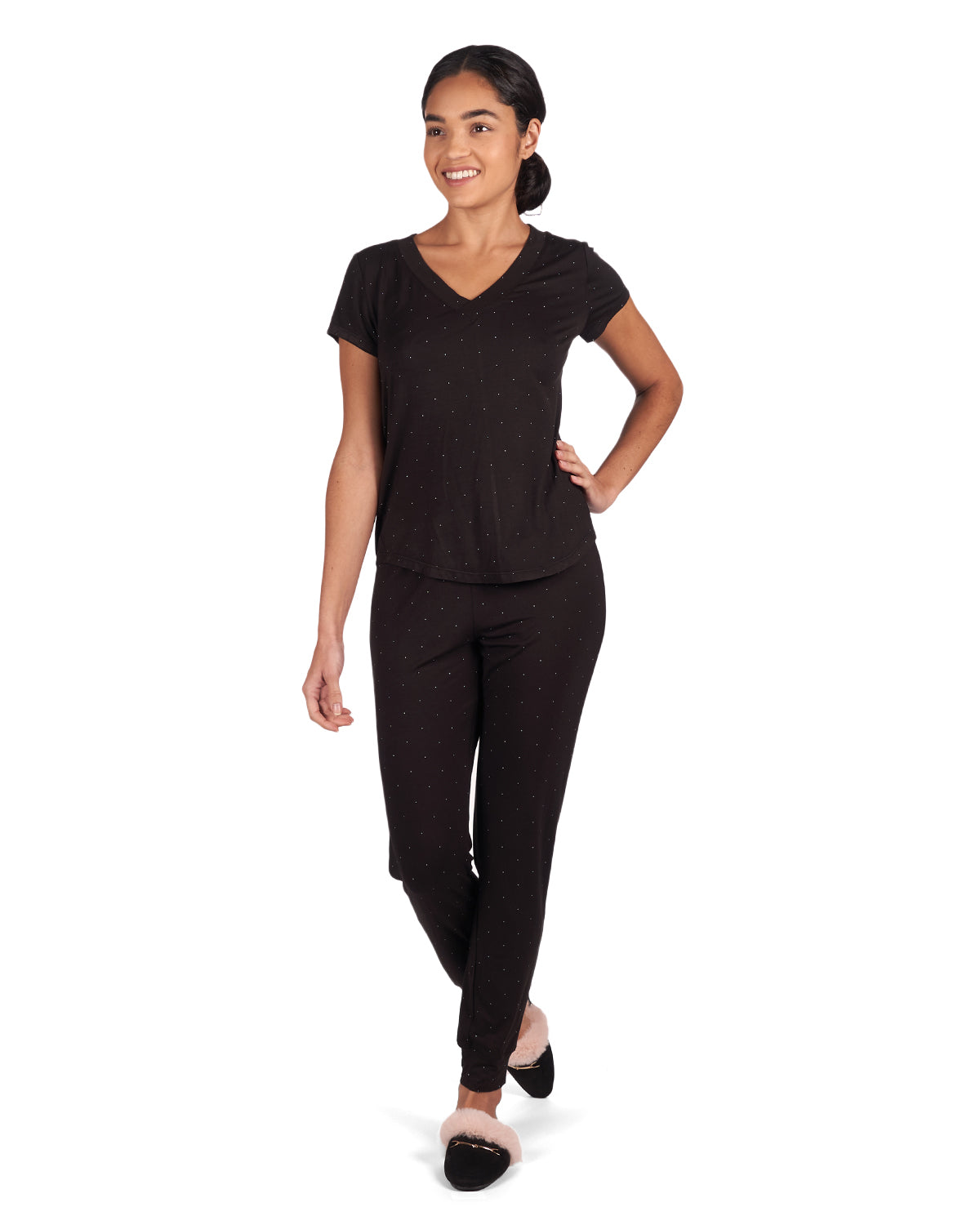 Women's Polka Dot Bamboo Blend Short Sleeve V-Neck Top : Color: Black