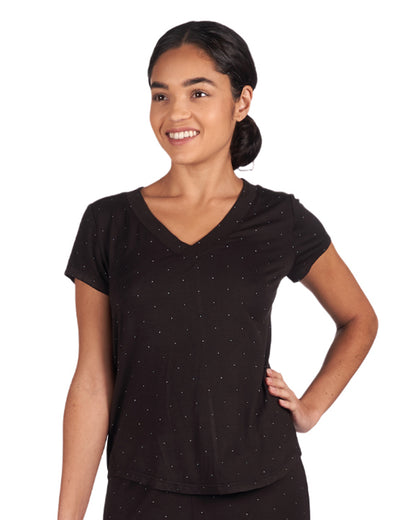 Women's Polka Dot Bamboo Blend Short Sleeve V-Neck Top : Color: Black