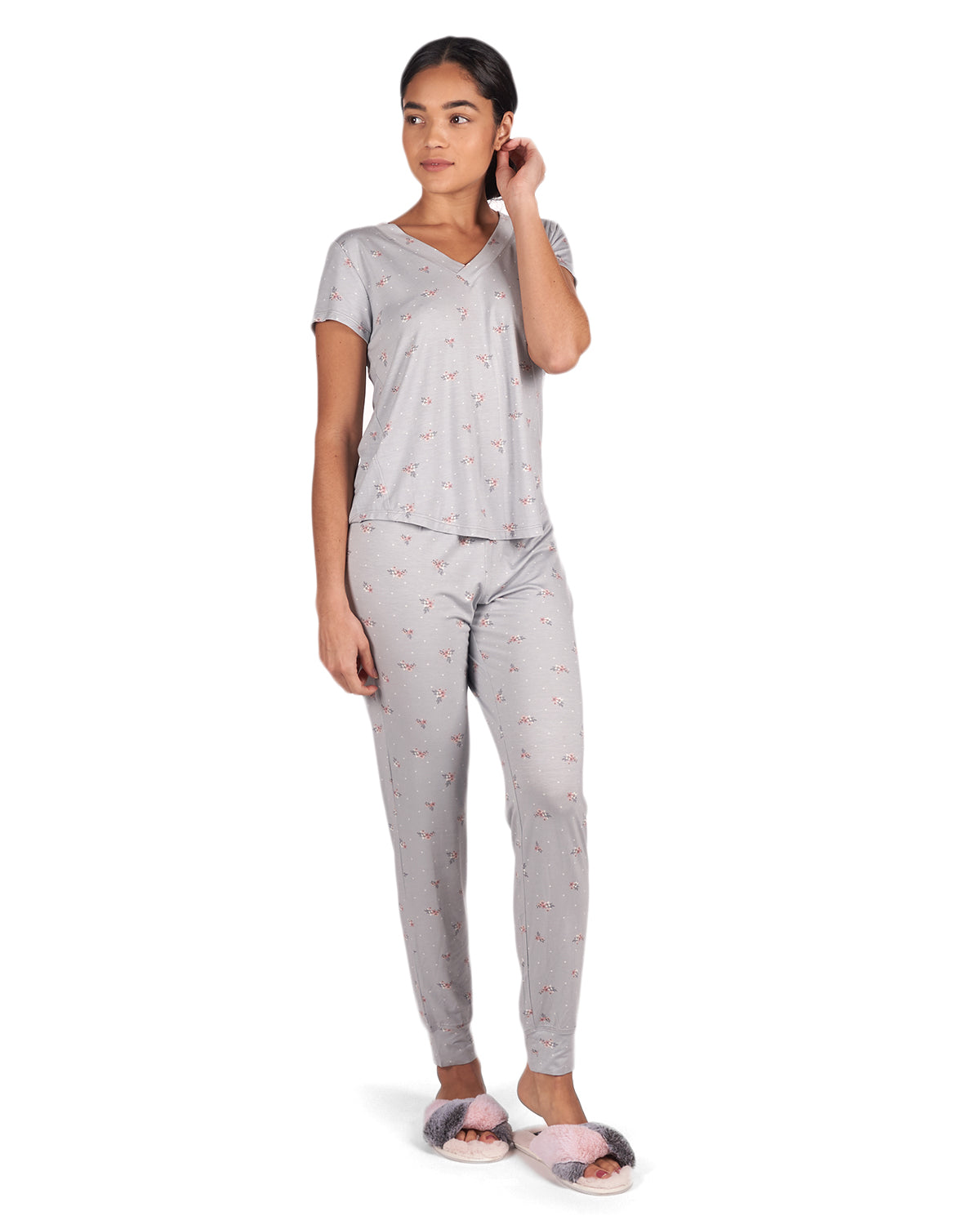 Women's Ditsy Floral Bamboo Blend Short Sleeve Top : Color: Gray