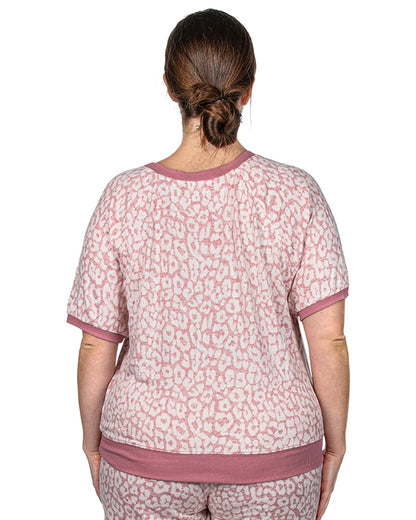 Women's Pink Leopard Print Short Sleeve Sweatshirt : Color: Pink
