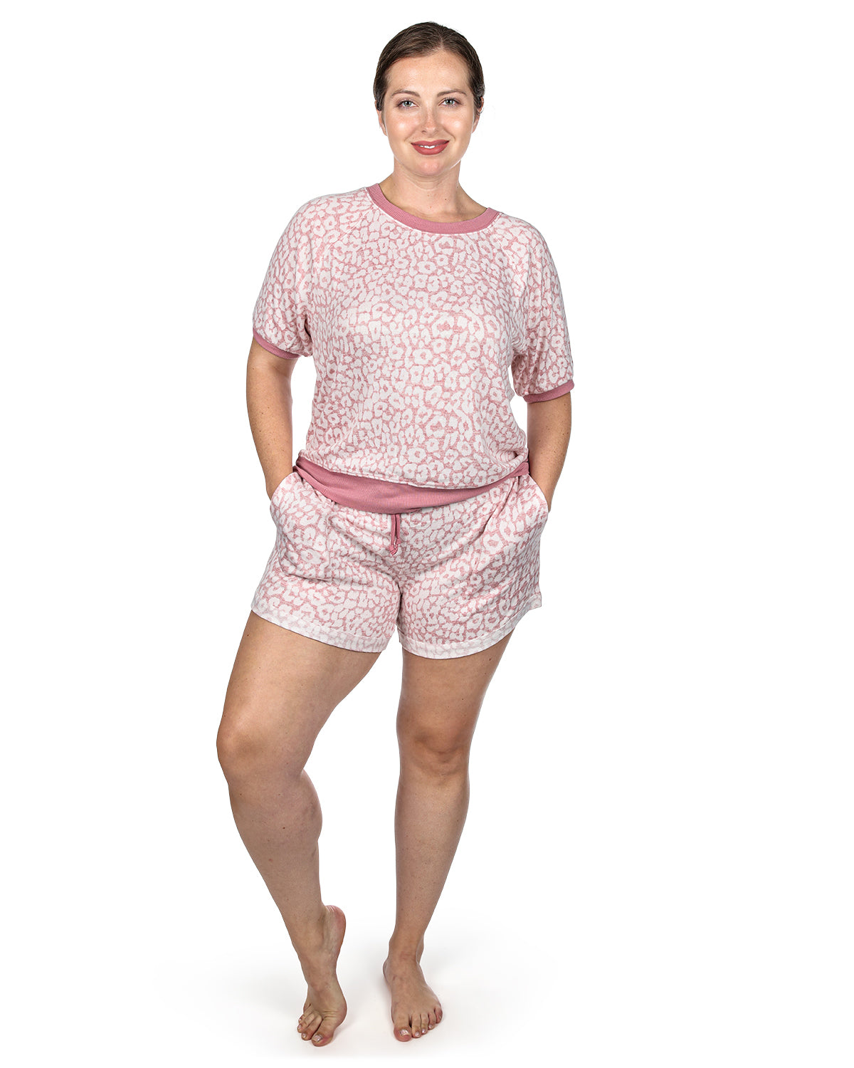 Women's Pink Leopard Print Short Sleeve Sweatshirt : Color: Pink