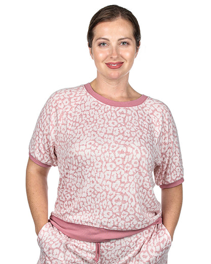 Women's Pink Leopard Print Short Sleeve Sweatshirt : Color: Pink