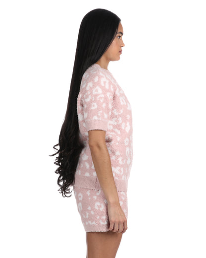 Women's Leopard Print Cozy Knit Short Sleeve Top : Color: Pink-Ivory