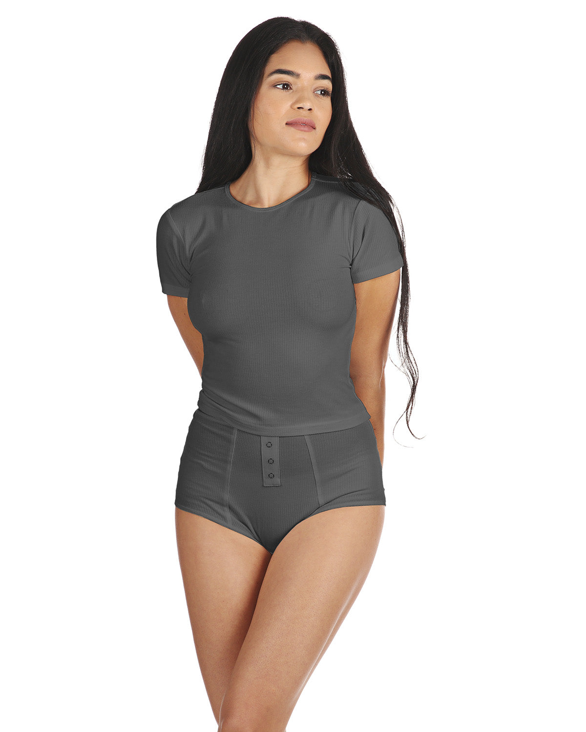Women's Luxe Rib T-Shirt and Full Coverage Brief Set : Color: Dark Gray