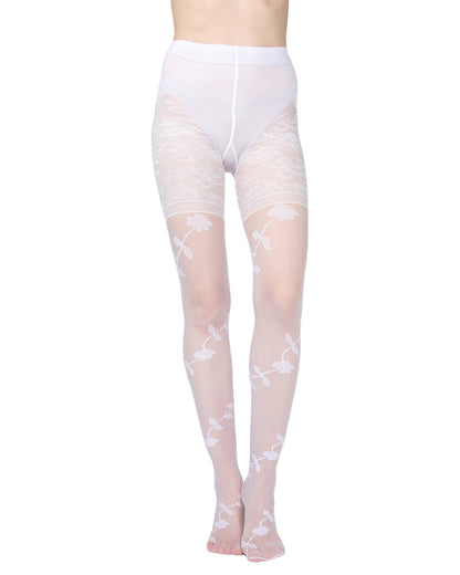 Women's Passion Sheer Control Top Flower Pantyhose : Color: Bianco
