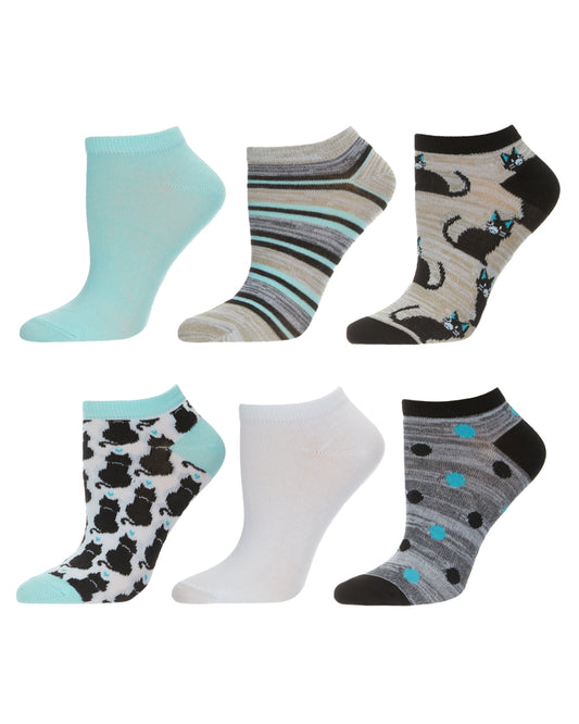 Women's 6 Pair Pack Feline Fine Cat Theme Low Cut Socks : Color: Blue