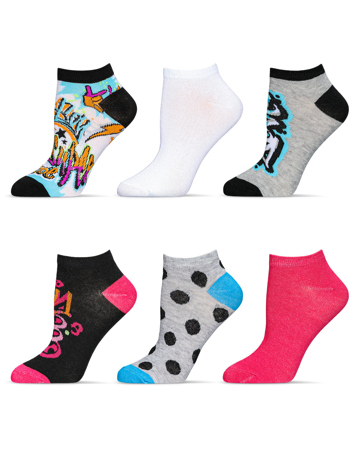 Women's 6 Pair Pack Graffiti Style Low Cut Socks : Color: Assorted