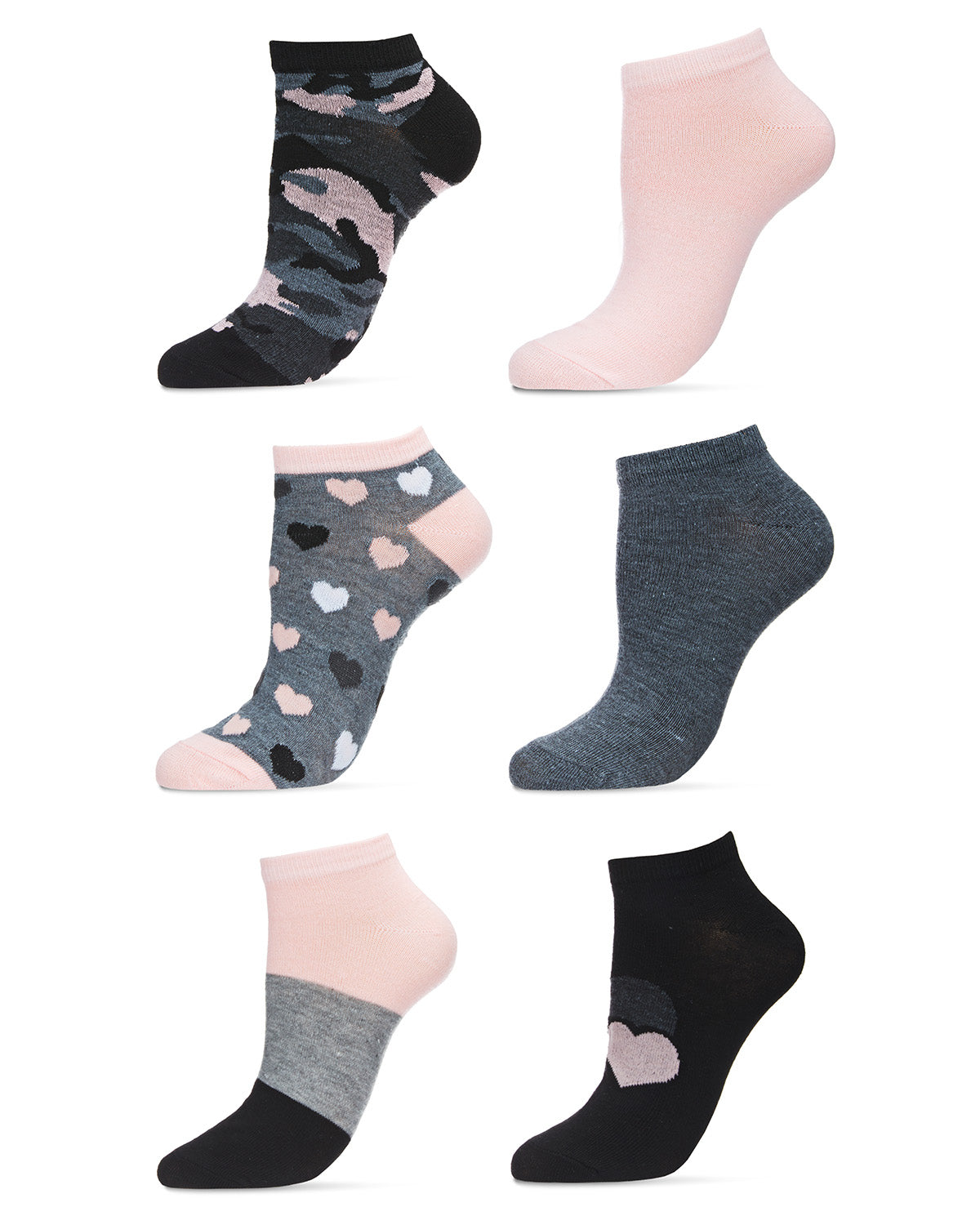 Women's 6 Pair Pack Camoflauge and Hearts Low Cut Socks : Color: Assorted
