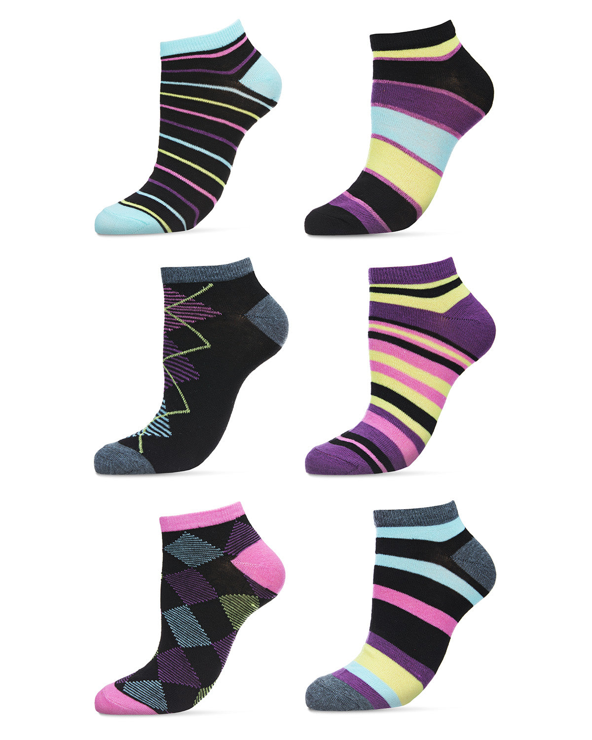 Women's 6 Pair Pack Diamonds and Stripes Low Cut Socks : Color: Assorted