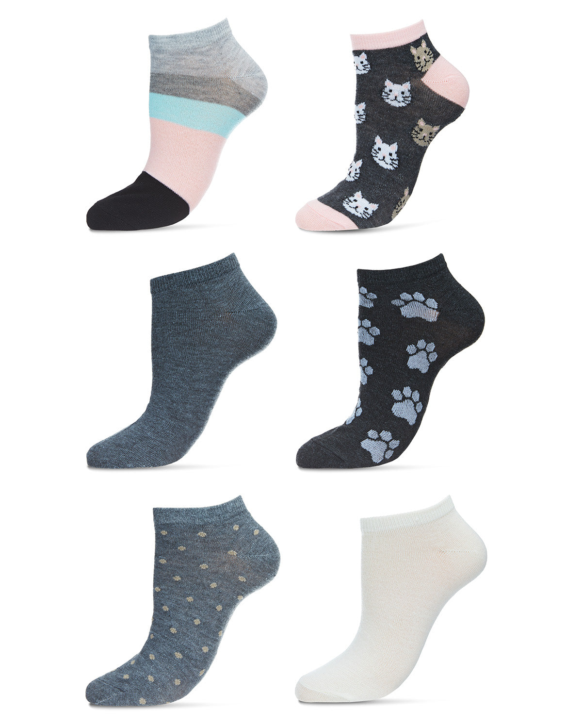 Women's 6 Pair Pack Cat Faces Low Cut Socks : Color: Assorted