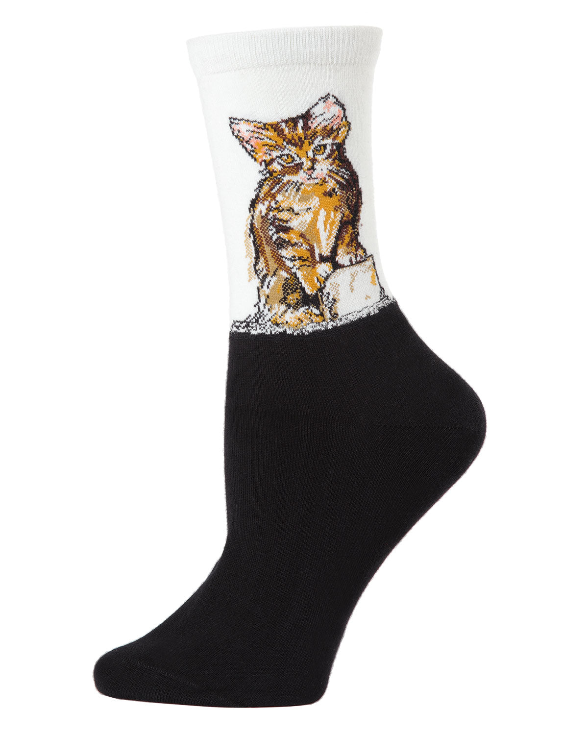 Women's Kitten Limited Edition Art Cotton Blend Crew Sock : Color: Light Gray
