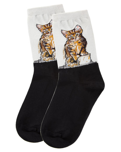 Women's Kitten Limited Edition Art Cotton Blend Crew Sock : Color: Light Gray