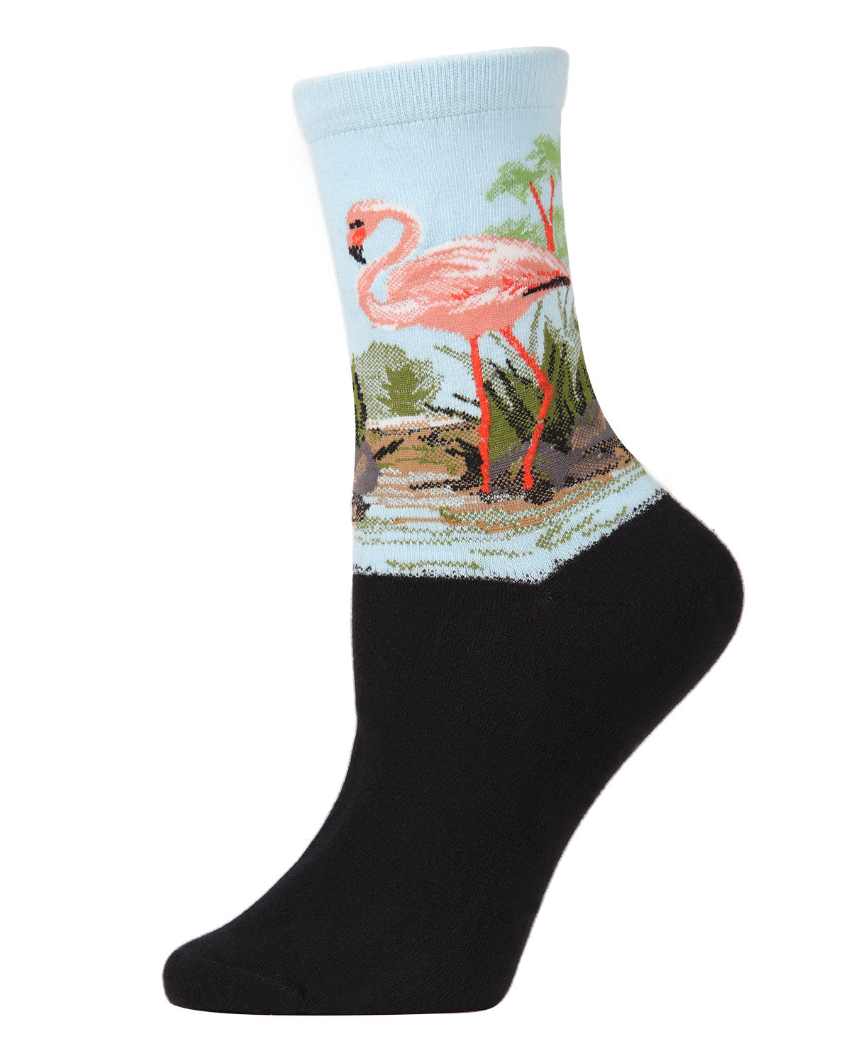 Women's Flamingo Limited Edition Art Cotton Blend Crew Sock : Color: Black