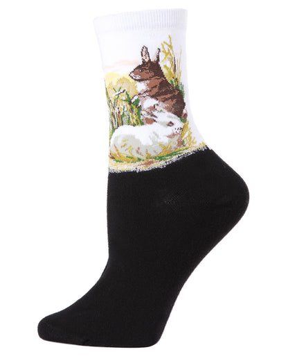 Women's Rabbit Limited Edition Art Cotton Blend Crew Sock : Color: White