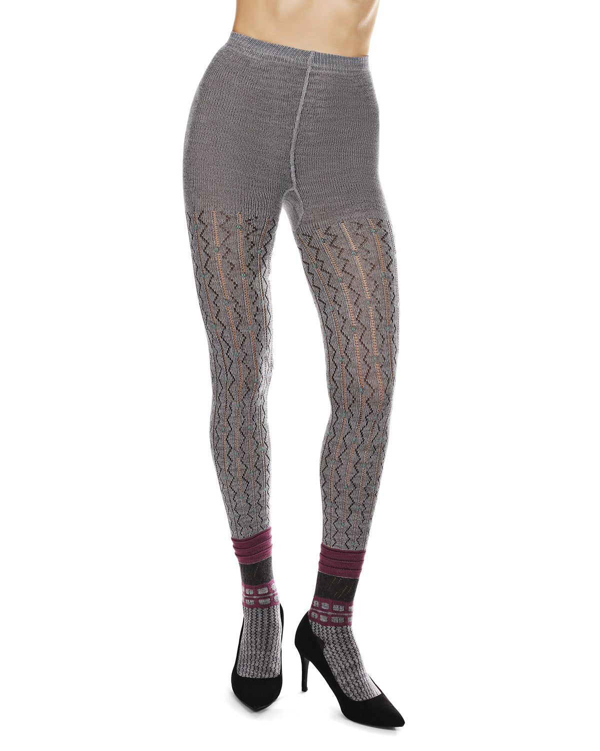 Women's Designernate Cotton Blend Multi-Pattern Sweater Tights : Color: Gray