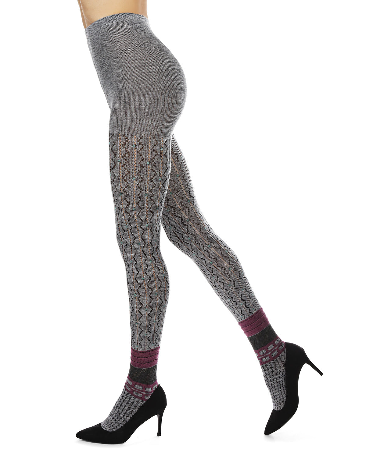 Women's Designernate Cotton Blend Multi-Pattern Sweater Tights : Color: Gray