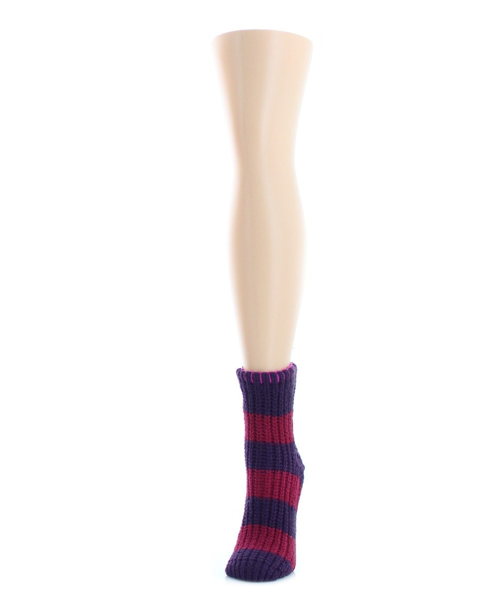 Women's Wide Stripe Chenille Non-Skid Slipper Crew Sock : Color: Purple Pennant