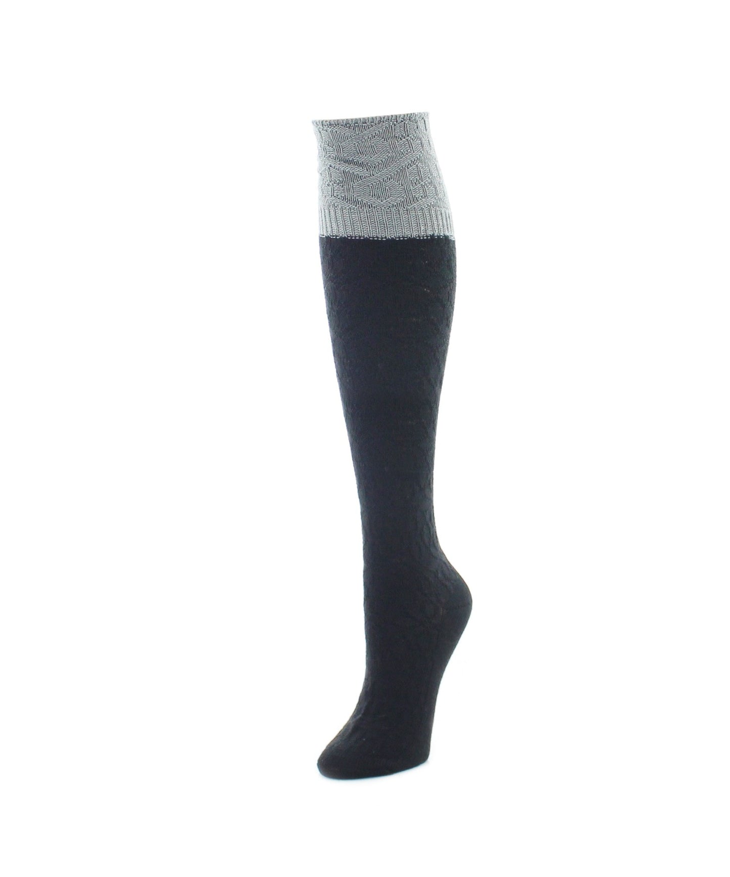 Women's Interlocking Crochet Two Tone Knee High Sock : Color: Black