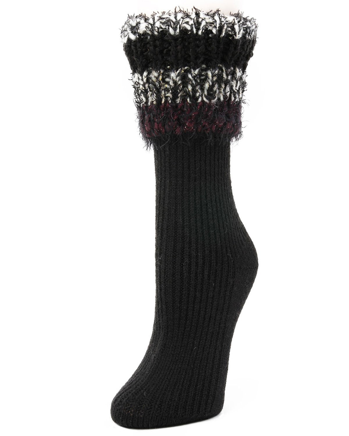 Women's Bellevue Furry Striped Cuff Ribbed Plush Crew Socks : Color: Black