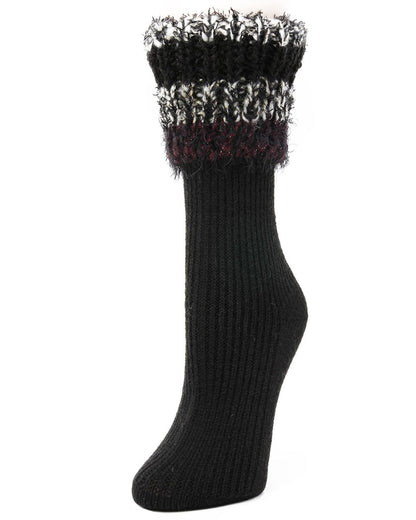 Women's Bellevue Furry Striped Cuff Ribbed Plush Crew Socks : Color: Black