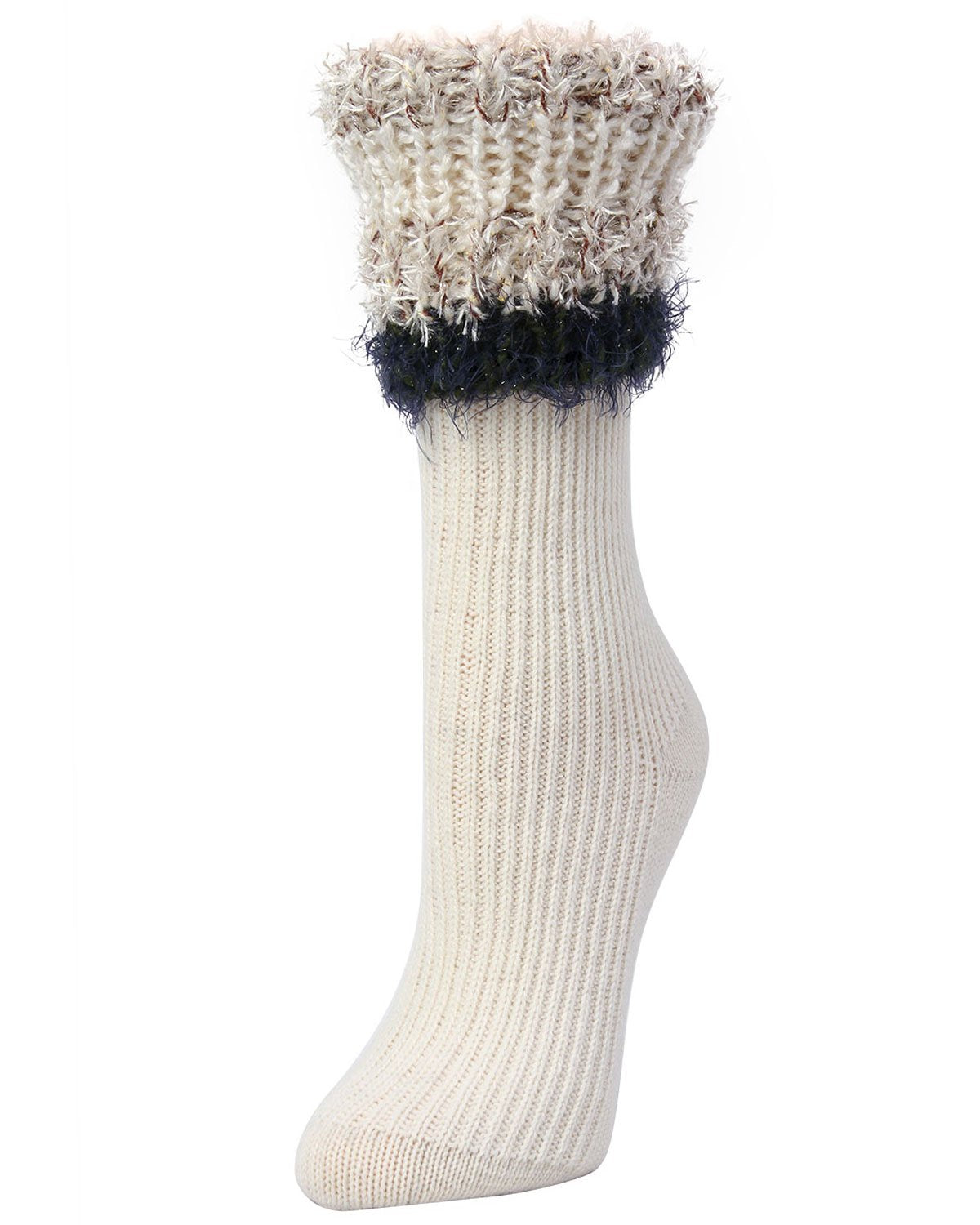 Women's Bellevue Furry Striped Cuff Ribbed Plush Crew Socks : Color: Black