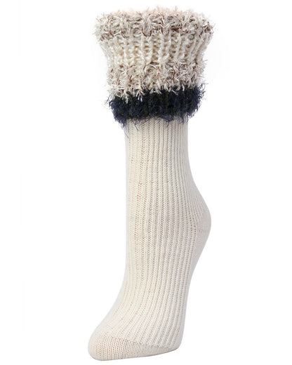 Women's Bellevue Furry Striped Cuff Ribbed Plush Crew Socks : Color: Black