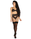 Women's 3 Piece Set Elena Lace Mesh Bra, Panty, and Garter : Color: Black