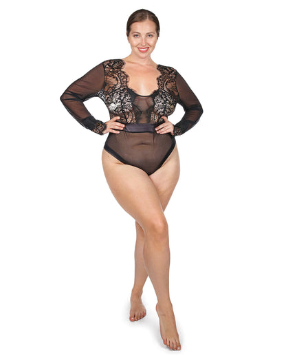Women's Josephine Long Sleeve Lace Mesh Bodysuit : Color: Black