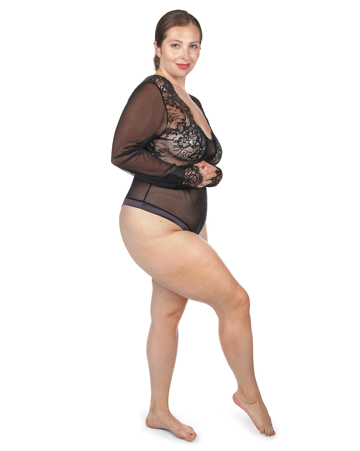 Women's Josephine Long Sleeve Lace Mesh Bodysuit : Color: Black