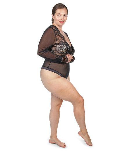 Women's Josephine Long Sleeve Lace Mesh Bodysuit : Color: Black