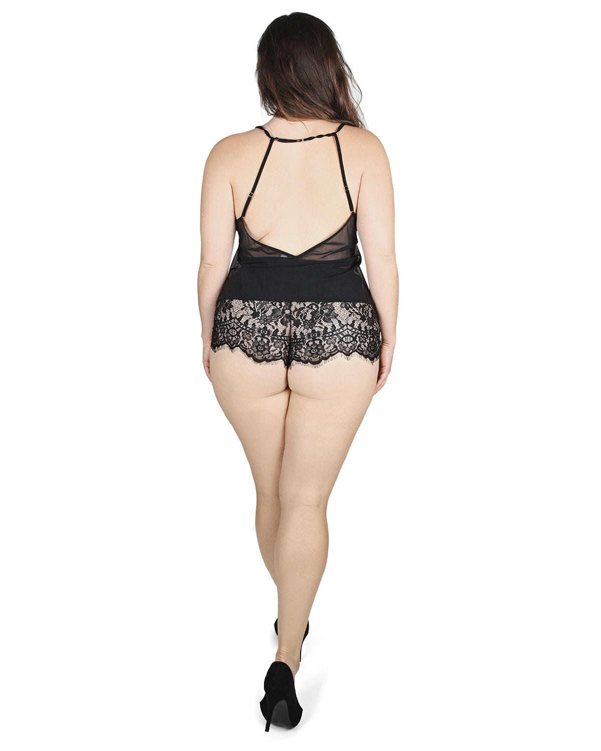 Women's Avril Lace Trim Backless Boyshort Romper : Color: Black