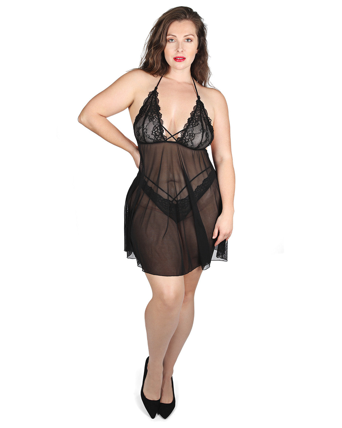 Women's Clarisse Floral Lace Sheer Babydoll Chemise Set : Color: Black