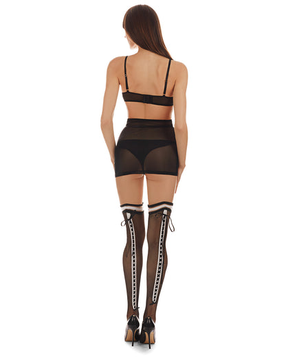 Women's 3 Piece Set Bianca Lusty Lace Bra, Thong, and Garter : Color: Black