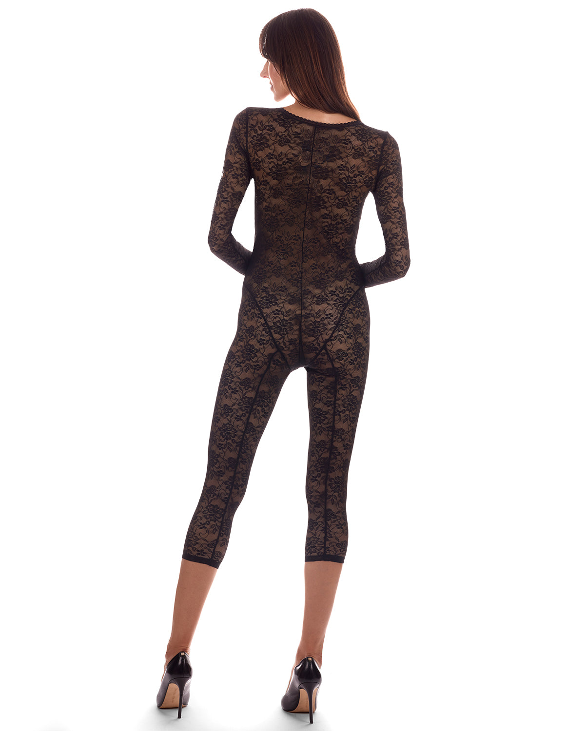 Women's Estelle Long Sleeve Stretch Lace Capri Catsuit : Color: Black